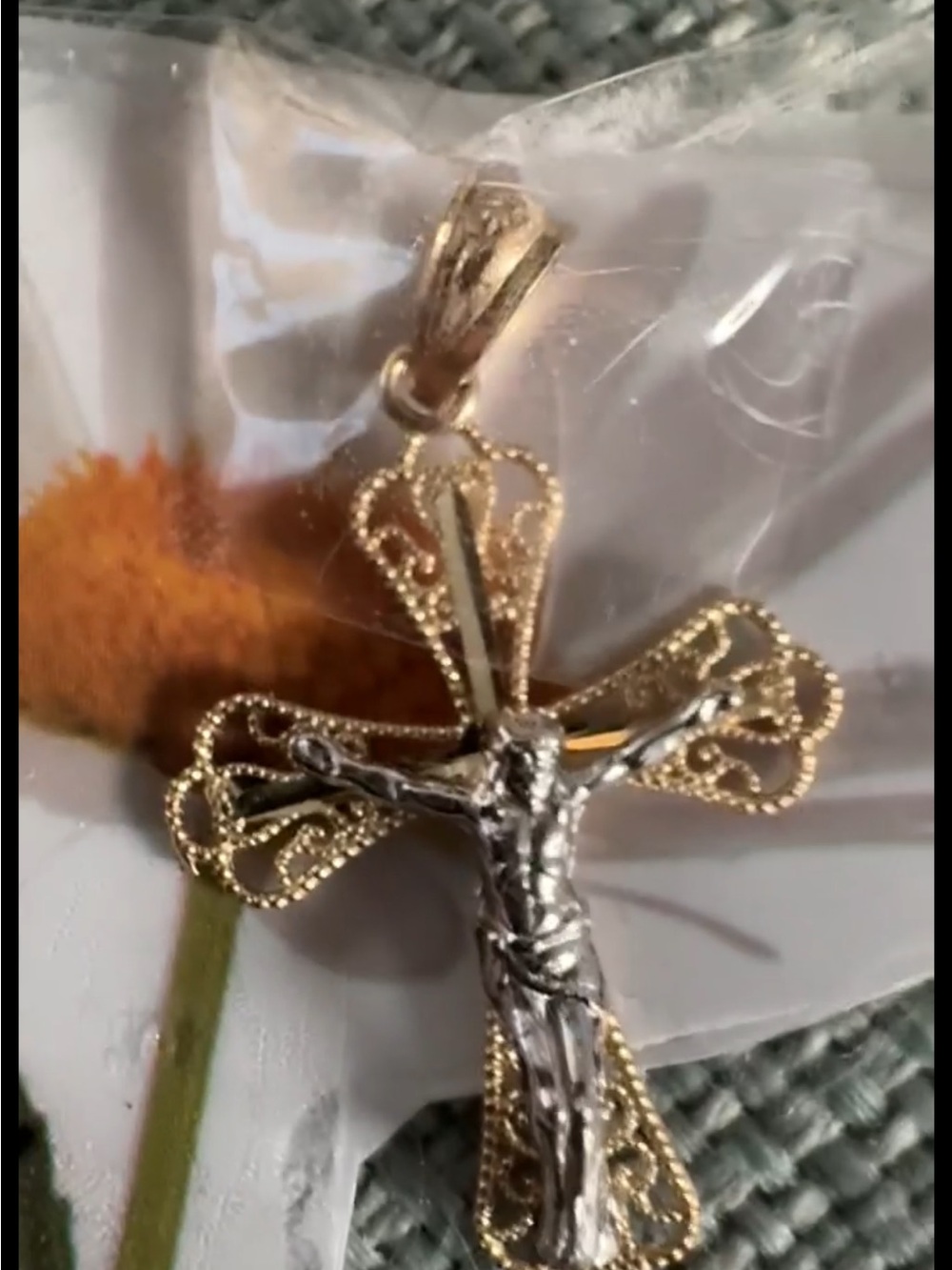 10kstamped acid test Two-Tone Cross Pendant - Gold